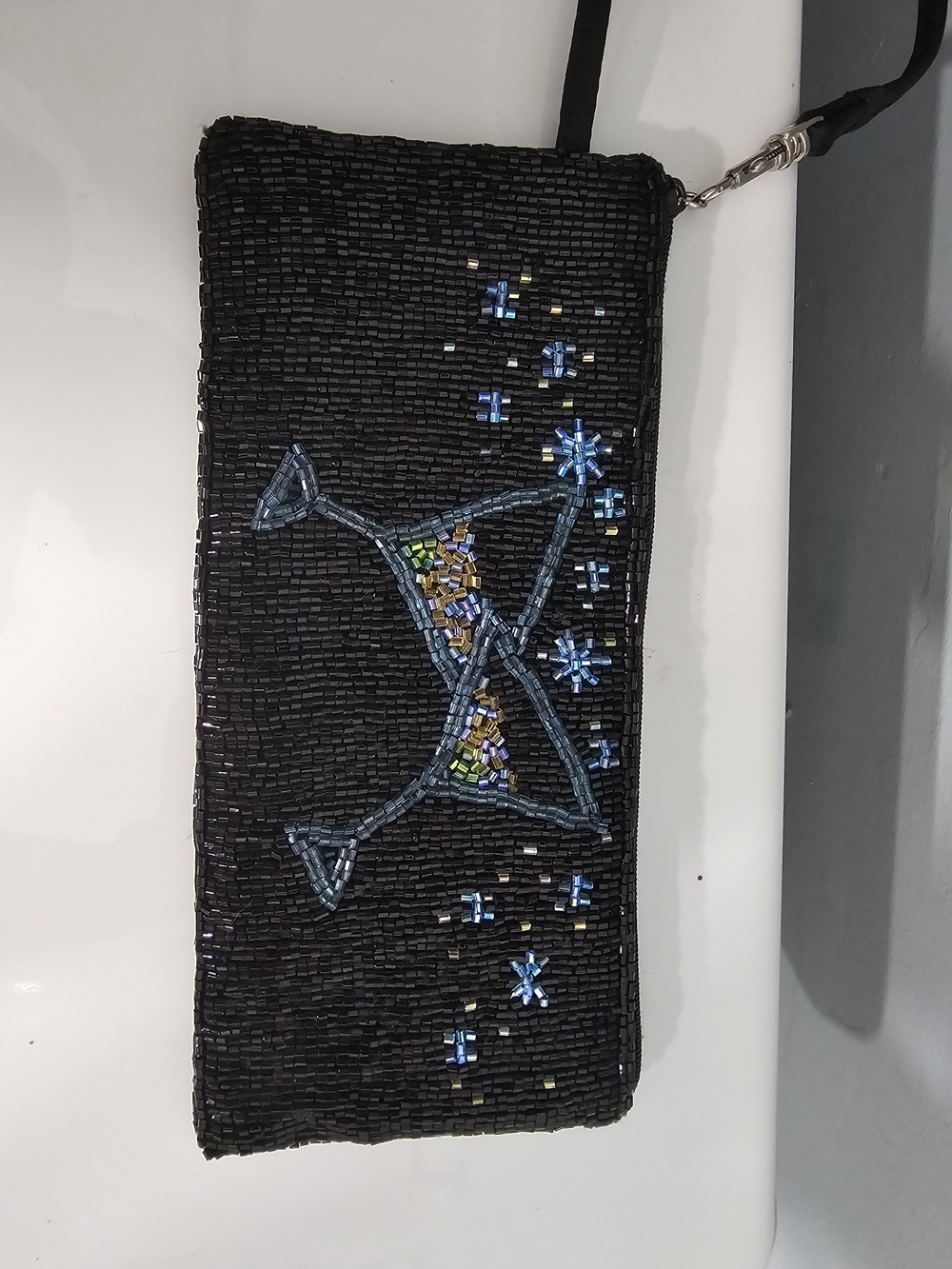 Liz Claiborne Black Beaded Wristlet Clutch with Blue & Multicolor Martini